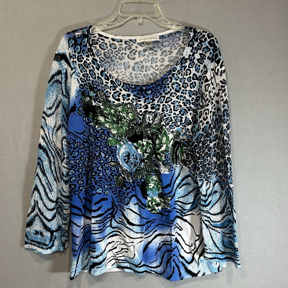 Beta's Choice Size XXL Multi Color Blues Black‎ Floral Animal Print Top Beaded